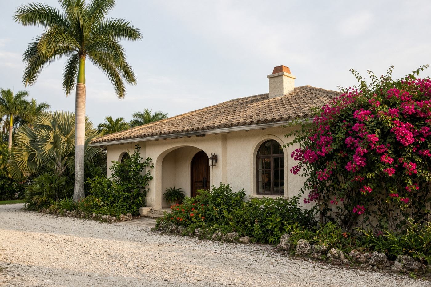 Cream stucco West Palm Beach house with a clay tile roof, royal palm, and bougainvillea